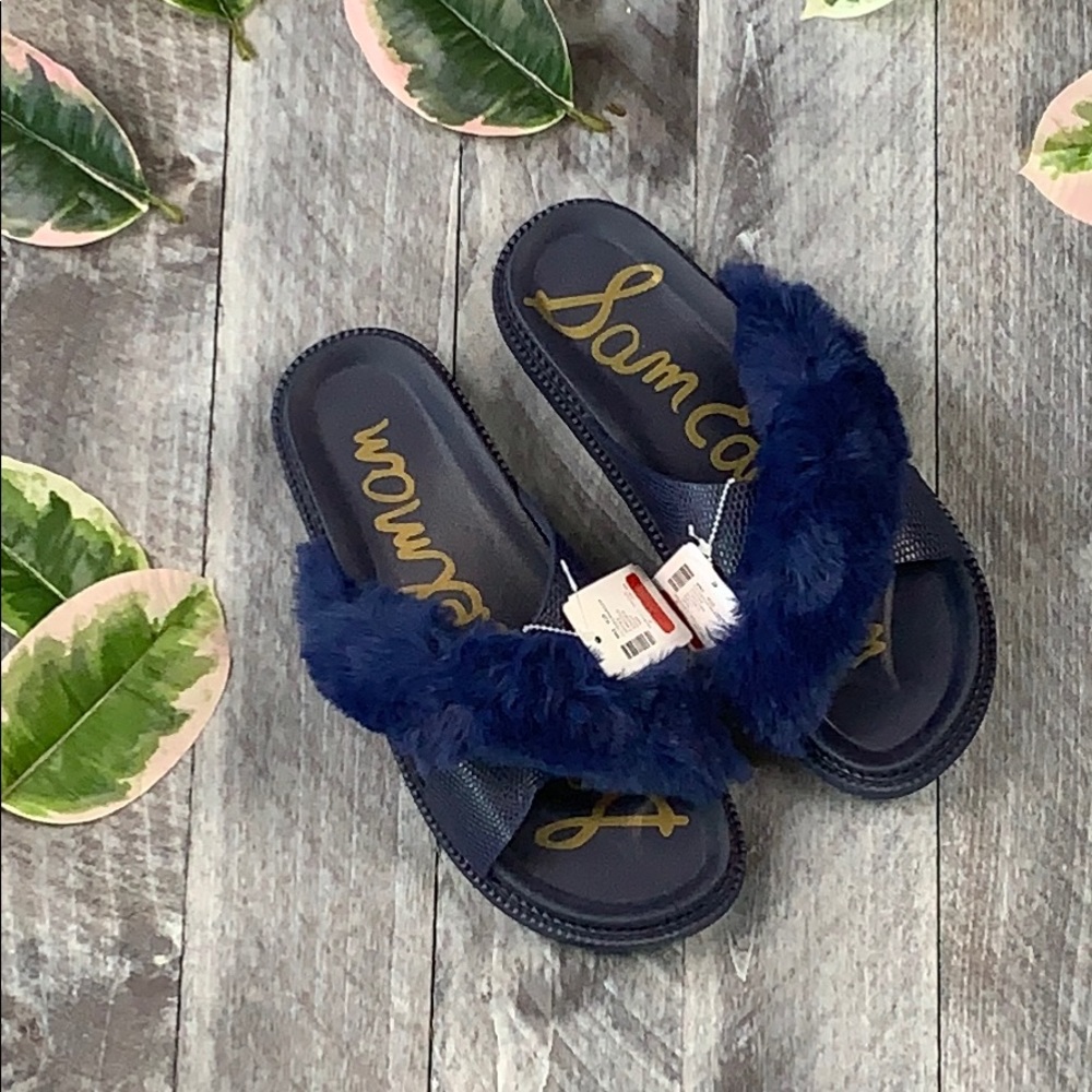 Sam Edelman Navy Blue Faux Fur Slide Sandals